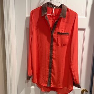 Free People, like new, Silk like flowy, Long , Button Down Shirt